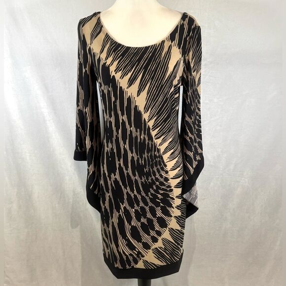 Bisou Bisou stunning black and tan flare sleeve abstract sheath dress size 8 - Picture 3 of 8